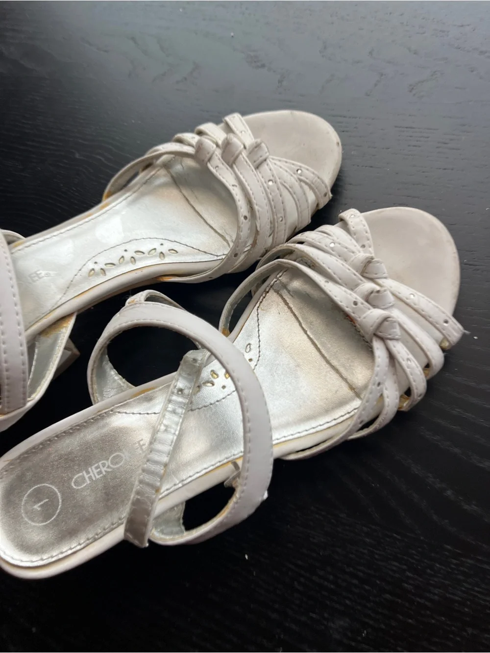 Cherokee White Faux Leather Strappy Block Heel Sandals Size 1 Rhinestone Girls